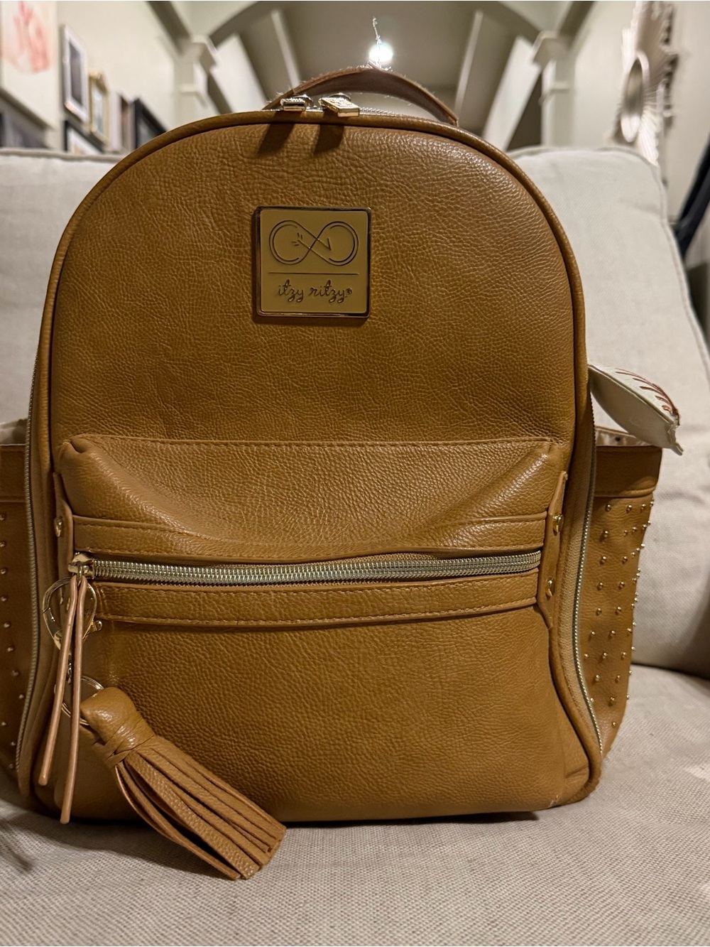 Itzy Ritzy Tan Faux-Leather Kids Backpack with Tassel